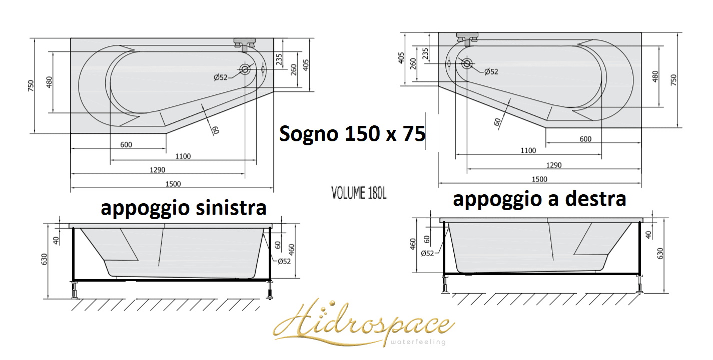 SOGNO 150 x 75 VASCA DA BAGNO IDROMASSAGGIO ASIMMETRICA