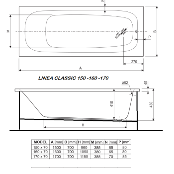 CLASSIC 150 x 70- 160 x 70 -170 x 70 VASCA DA BAGNO RETTANGOLARE 