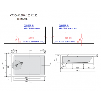 ELENA 155 X 105 VASCA DA BAGNO RETTANGOLARE   