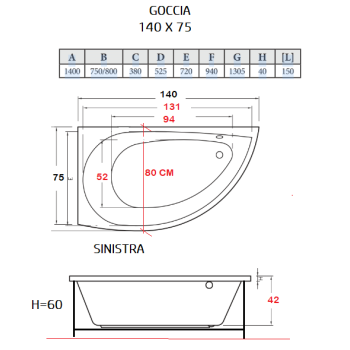 GOCCIA 140 X 75 VASCA DA BAGNO IDROMASSAGGIO SX-DX