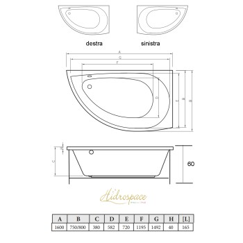 GOCCIA 160 X 75 VASCA DA BAGNO ASIMMETRICA