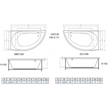 GOCCIA 140 X 75  SX-DX- VASCA IDRO ASIMMETRICA 