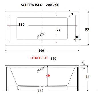 ISEO 200 x 90 VASCA BAGNO RETTANGOLARE DUE POSTI  