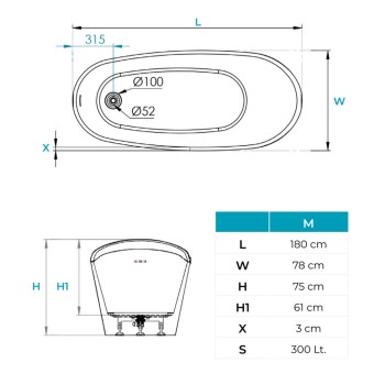 PENELOPE 180 X 80 VASCA DA BAGNO FREESTANDING