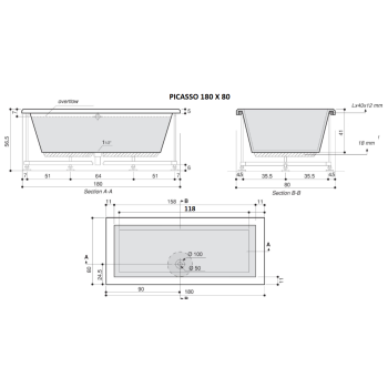  PICASSO 180x80 VASCA DA BAGNO RETTANGOLARE DUE POSTI