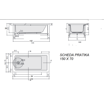 PRATIKA 70 x 150 VASCA IDROMASSAGGIO RETTANGOLARE
