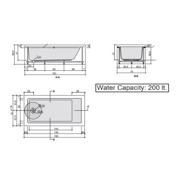 PRATIKA 75 x 150 VASCA DA BAGNO RETTANGOLARE