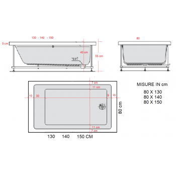 PRATIKA 80 (130-140-150) x 80 VASCA DA BAGNO RETTANGOLARE