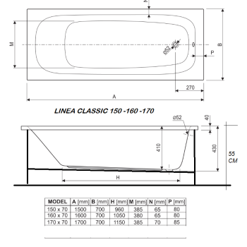 VASCA RET. CLASSIC IDRO 150 - 160 - 170  X 70